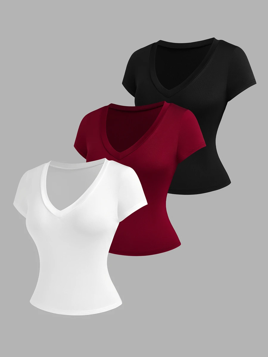 Sweetra 3pcs/Set Women's Plus Size Deep V-Neck Short Sleeve Casual Commute Versatile T-Shirt Tops, Spring/Summer - Multicolor - View 1