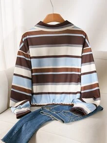 Story & Sage Women's Striped Half-Zip Long Sleeve Casual Sweatshirt - Brown - View 2
