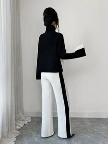 Elenzga Women's Contrast Color High Neck Knit Sweater & Wide Leg Pants Set, Loose Fit Ribbed Knit Two Pieces Outfit, Slouchy, Autumn/Winter - Black and White - View 2