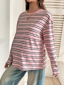 SHEIN 孕婦條紋哺乳T恤，休閒秋季穿著 - 彩色 - 查看 3