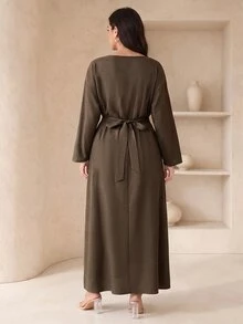 Veilorie Plus Size Elegant Embroidered Long Sleeve Dress For Weekend Outings - Brown - View 2