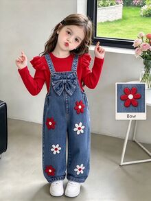 SHEIN 女童可愛雪尼爾刺繡花朵牛仔吊帶褲，大蝴蝶結裝飾寬鬆直筒吊帶褲 - 中等水洗藍 - 查看 3