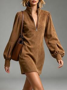 LUMIGAL Women's Solid Color Zipper Half-Placket Long Sleeve Casual Dress - Brown - View 3