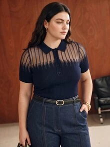 Anewsta Plus Size Women's Mesh Patchwork Casual Daily Knit Top - Navy Blue - View 5
