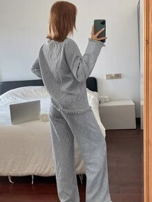 DAZY 2pcs/Set Women's Loose Long Sleeve Top & Straight Leg Long Pajama Pants Sleepwear Set, Autumn/Winter - Grey - View 2