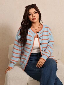 Elaquor Áo cardigan len dệt kim phối màu sọc có cúc cho người size lớn - Màu xanh lam - Xem 4