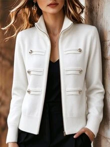 Trelyra Women's Double-Breasted Zipper Long Sleeve Knit Cardigan - White - View 5