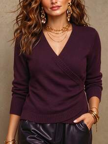 Linhara CURVE Plus Size Women's Solid Color V-Neck Faux Button Front Knit Pullover Sweater, Simple Casual Slim Fit For Autumn/Winter Commute, Office, Christmas, Halloween - Burgundy - View 7