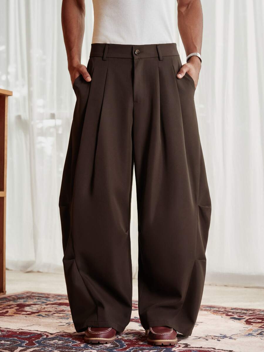 SWAVVY Men's Solid Color Casual Daily Travel Long Pants With Pockets - Brown - View 1