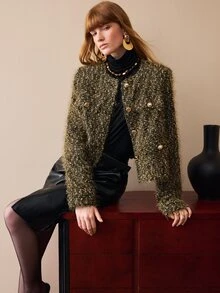 Arave Women's Jacket Broad Shoulder Straight Textured Woolen Double Breasted Gold Buttons Collarless Short Modern Olive Green Solid Winter Clothes Christmas - Army Green - View 8