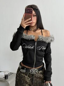 Coolane Women's Plush Patchwork Letter Pattern Casual Daily Long Sleeve Sweatshirt - Black - View 1