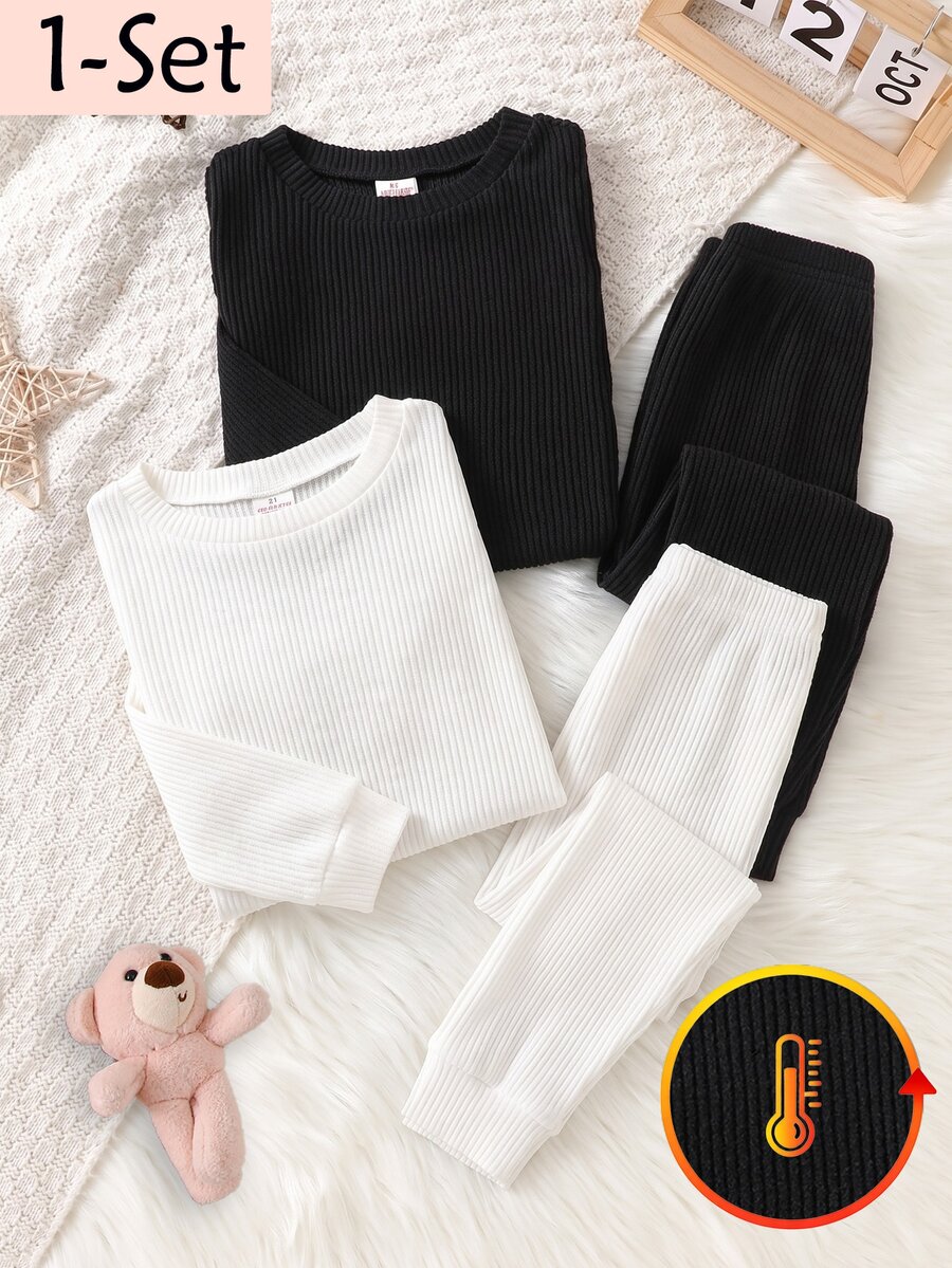 Girls' Black Fuzzy Ribbed Thermal Underwear Set, Soft And Warm, For Spring, Autumn And Winter - Black - View 1