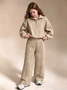SHEIN 青少年女孩休閒運動兩件式衛衣與長褲套裝，長袖保暖，適合秋季、春秋/冬季，校園與校外穿著，棕色 - 卡其色 - 查看 1