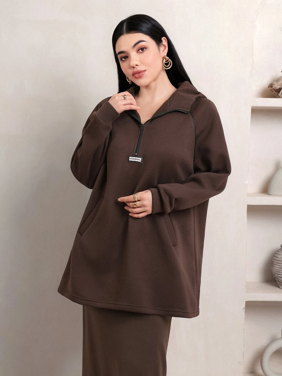 Veilorie Women's Letter Print Denim Zipper Half-Placket Raglan Long Sleeve Casual Sweatshirt - Coffee Brown - View 1