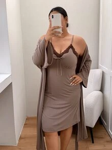 Napfluff CURVE Napfluff CURVE Plus Size Minimalist Lace Patchwork Camisole Nightgown + Loose Long Robe Loungewear Set - Brown - View 3