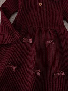 SHEIN Baby Girl Knit Contrast Color Cute Bow Collar Knit Autumn Winter Dress - Burgundy - View 5
