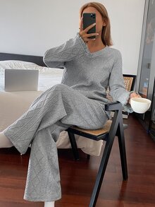 DAZY 2pcs/Set Women's Loose Long Sleeve Top & Straight Leg Long Pajama Pants Sleepwear Set, Autumn/Winter - Grey - View 3