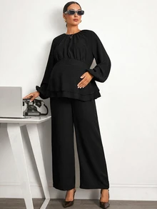 MaterniWear Maternity Solid Color Pleated Long Sleeve Top And Adjustable Waistband Pants Casual Daily 2 Pieces Set Fall - Black - View 9