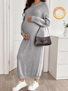 SHEIN Đầm len dệt kim bầu màu trơn phong cách thường ngày cho mùa đông - Xám - Xem 3