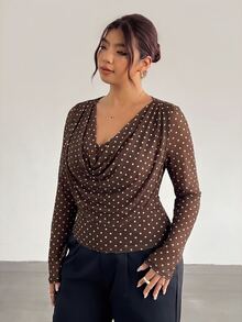 Firerie Plus Size Women's Polka Dot Print Cowl Neck Long Sleeve Fashion T-Shirt - Brown - View 5