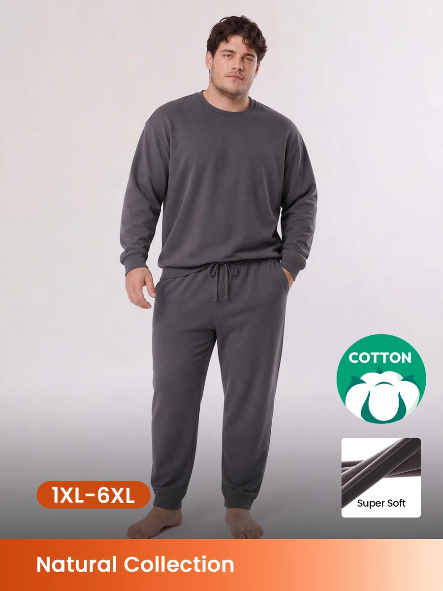 LUVLETTE Plus Size Fall Charcoal Soft Fleece Contrast Trim Cuffed Hems Round Neck Long Sleeve Lounge Sets For Men Outdoor Wear Now Trending Sleepwear Homewear - Dark Grey - View 1