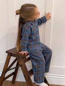 Hapijoa Young Girls Burgundy Plaid Long Sleeve Collared Shirt + Straight Leg Pants Set, Loungewear Fall - Blue - View 1