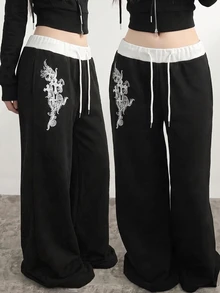 SHEIN Quần ống rộng thêu chữ trắng phối patchwork ở eo cho bé gái tuổi teen - màu đen - Xem 3