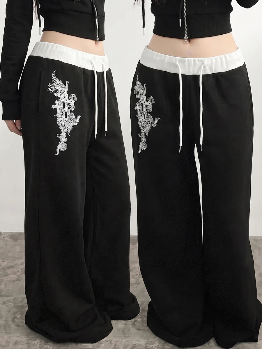 SHEIN Teen Girl Patchwork Waist White Letter Embroidery Wide Leg Pants - Black - View 1