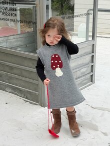 DAZY Infant/Toddler (Girl) Round Neck Sleeveless Korean Style Cartoon Mushroom Knit Dress - Grey - View 4