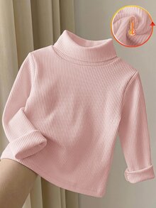 SHEIN 女嬰休閒百搭針織保暖內裡高領套頭上衣，秋季百搭上衣 - 淺粉色 - 查看 1