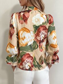 RosyDaze Vintage Oil Painting Floral Print Stand Collar V-Neck Blouse, Atmospheric Double Layer Ruffle Lantern Sleeve Vacation Top - Khaki - View 2