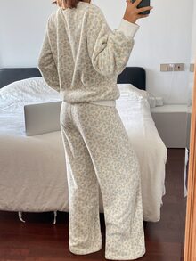 DAZY Women's Minimalist Long Sleeve Top And Fuzzy Long Pants Pajama Set - Apricot - View 2