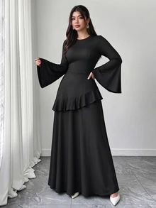 SHEIN Elenzya Women's Plus Size Ruffle Design Long Dress, Autumn/Winter Outdoor Dress - Black - View 7