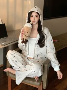 DAZY 2pcs/Set Women's Star Pattern Loose Long Sleeve Sweatshirt Sweatshirt Top & Straight Leg Long Pajama Pants Sleepwear Set - White - View 7