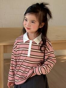 Dazy Kids Young Girl Striped Polo Collar Long Sleeve Casual T-Shirt - Pink - View 1