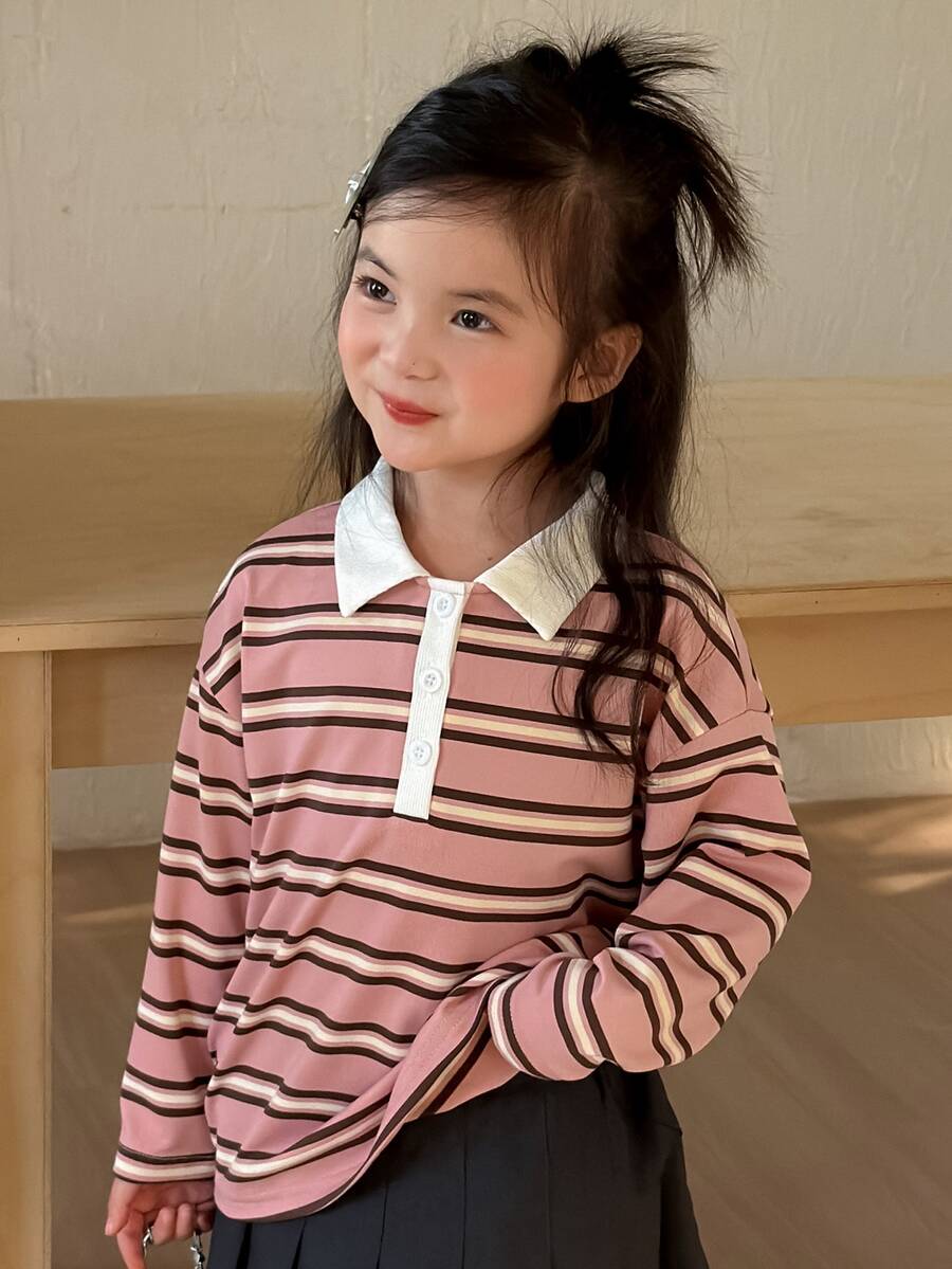 Dazy Kids Young Girl Striped Polo Collar Long Sleeve Casual T-Shirt - Pink - View 1