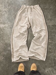 Manfinity Roghcode 男士黑色冬季街頭風寬鬆寬腿運動長褲，水洗棉抓絨慢跑褲，適合城市度假，極簡做舊寬鬆運動褲 - 米色 - 查看 2