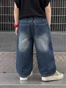 DAZY 小男孩口袋保暖內裡寬腿寬鬆休閒牛仔長褲 - 深色水洗藍 - 查看 5