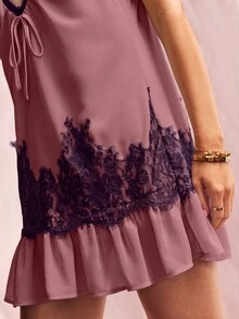 Willow Rêve Women's V-Neck Lace Trim Drawstring Fashion Cami Mini Dress - Purple - View 3
