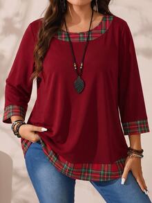 EMERY ROSE New Year Christmas Autumn/Winter Plus Size Women's Casual Red Patchwork Plaid Pattern Solid Color Round Neck Loose 3/4 Sleeve Blouse - Red - View 4