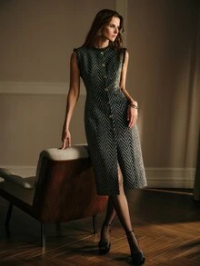 MOTF PREMIUM WOMEN'S HERRINGBONE PATTERN FASHION PARTY SUMMER DRESS - Dark Grey - View 2