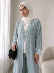 Solavon Women's Lace Patchwork Long Robe And Pants Casual Daily 2 Pieces Set - Mint Green - View 5