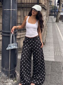 Coolane 女款秋冬外出休閒街頭風性感Y2K時尚度假日常穿搭可愛學院風黑白波點Bai'y細肩帶直筒褲 - 黑色 - 查看 2