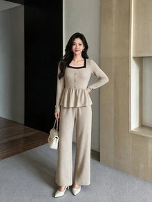 Yumoku Women's Contrast Trim Ruffle Patchwork Top And Long Pants Sweet 2 Pieces Set - Apricot - View 4