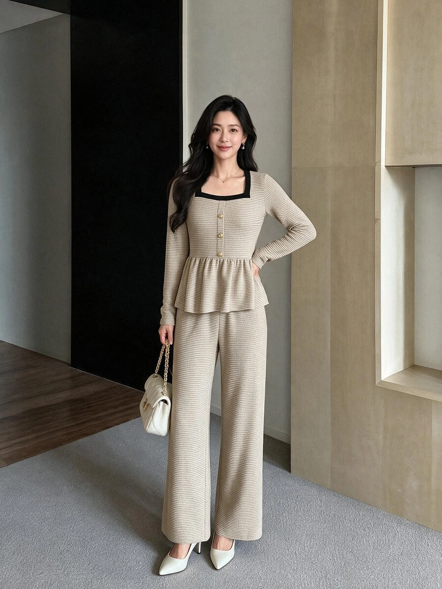Yumoku Women's Contrast Trim Ruffle Patchwork Top And Long Pants Sweet 2 Pieces Set - Apricot - View 1