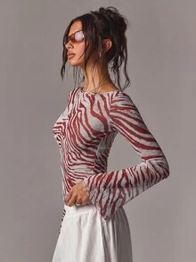 Athîral 女款休閒性感斑馬紋網紗喇叭袖修身上衣，適合度假、夜店、約會、外出，Y2K風格，秋季，萬聖節，棕色 - 紅色 - 查看 6