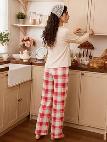 Tulorae Christmas Red Plaid Print Knit Cherry Long Sleeve Top & Plaid Pants Pajama 2 Pieces Set - Red - View 2