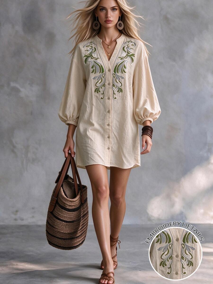 OPHERINE Autumn New Women's Embroidered Dress, Elegant Vacation Dress - Apricot - View 1