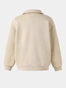 SHEIN Sweetra Young 青少年女孩抓絨秋季服飾休閒極簡拉鍊連帽衫，落肩設計，秋冬保暖，舒適日常長袖穿搭 - 杏色 - 查看 2