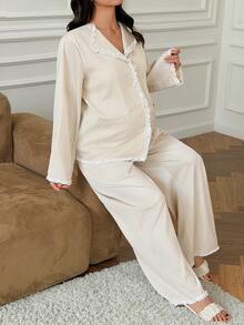 DAZY Contrast Lace Loose Long Sleeve Top & Straight Leg Pants Elegant Home Wear Spring/Autumn Maternity 2 Pieces Set - Apricot - View 7